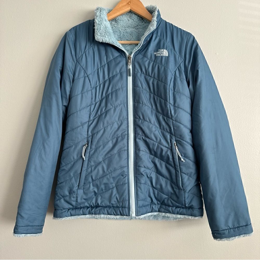 The North Face Jacket Womens Small Blue Reversible Puffer Fleece Faux Fur
